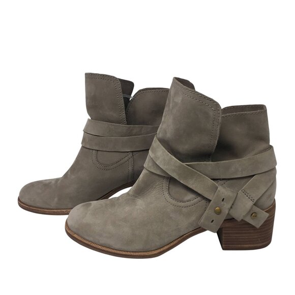 UGG Elora Taupe Suede Ankle Boots Womens 9.5 Wrap Strap Block Heel Western Style - Picture 11 of 16